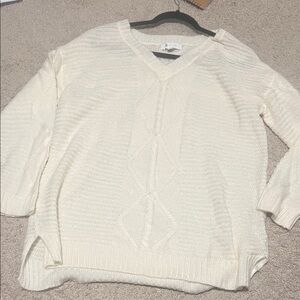 Fever Cream Cable Knit V Neck Sweater Size L Cozy Vintage Style pullover neutral